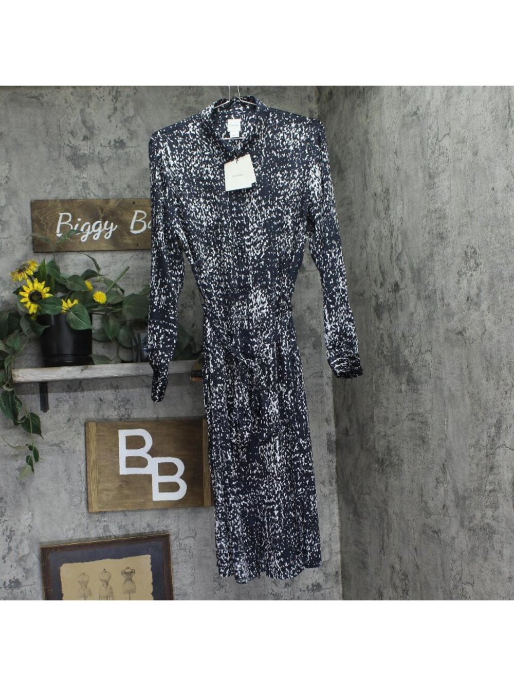 NWT Calvin Klein Womens Woven Belted Button Front Maxi Dress Dark Blue Multi L